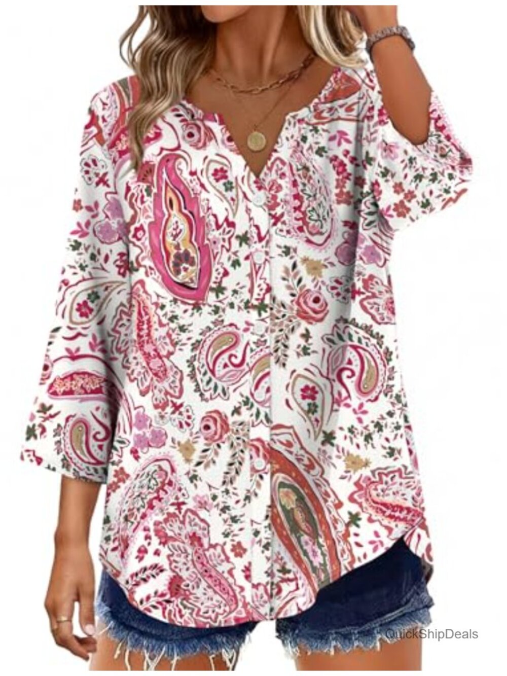 OFEEFAN Women's Button Down Shirt 3/4 Sleeve V-Neck Blouse